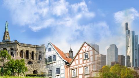 Das Bild zeigt den Herkules in Kassel, Fachwerkhäuser und die Skyline in Frankfurt/Main