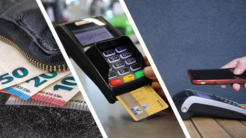 Verschiedene Bezahlmethoden: Bargeld, EC-Karte, Smartphone