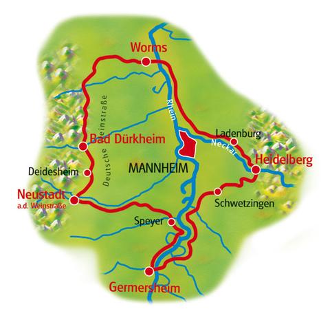 Karte Speyer - Heidelberg - Worms