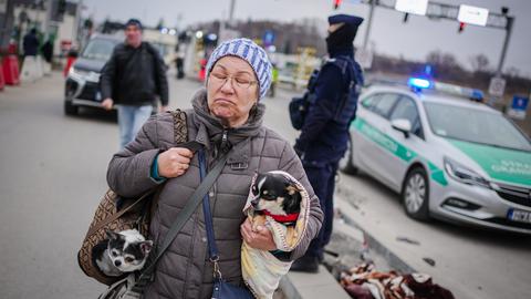Eine ältere Frau ist mit zwei kleinen Hunden auf der Flucht