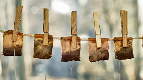 Gebrauchte Teebeutel werden an einer Leine getrocknet